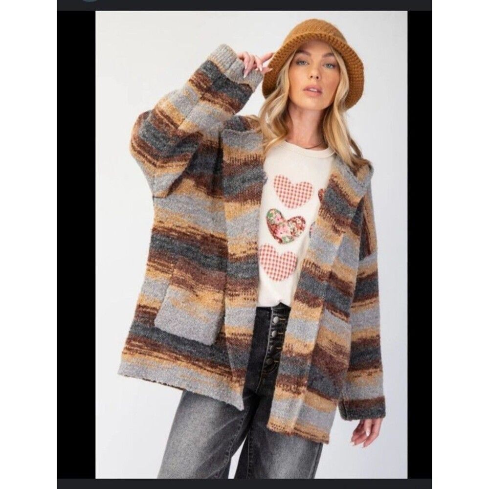 Easel Size L/XL/1X Multicolor Knit Oversized Women's Open Front Cardigan Hoodie